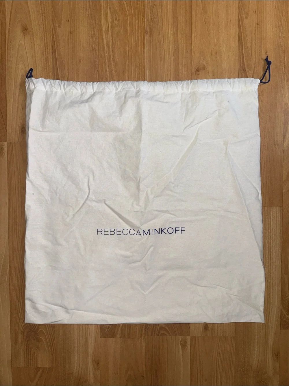 Rebecca Minkoff White Cotton Drawstring Dust Bag with Navy Logo